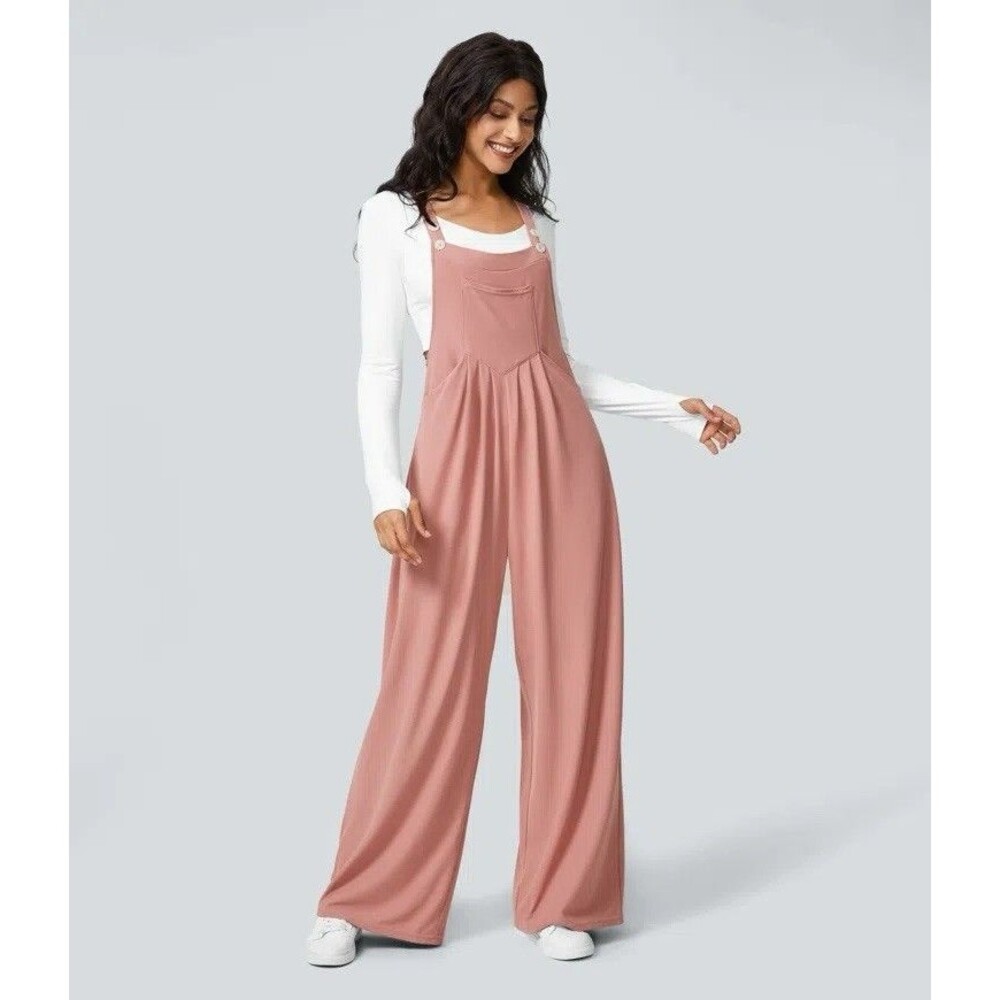 Halara Pockets Waffle Casual Overalls Womens Small Pink Rose Tan Wide Leg NWT